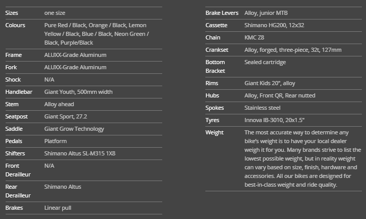 Giant arx 20 top weight